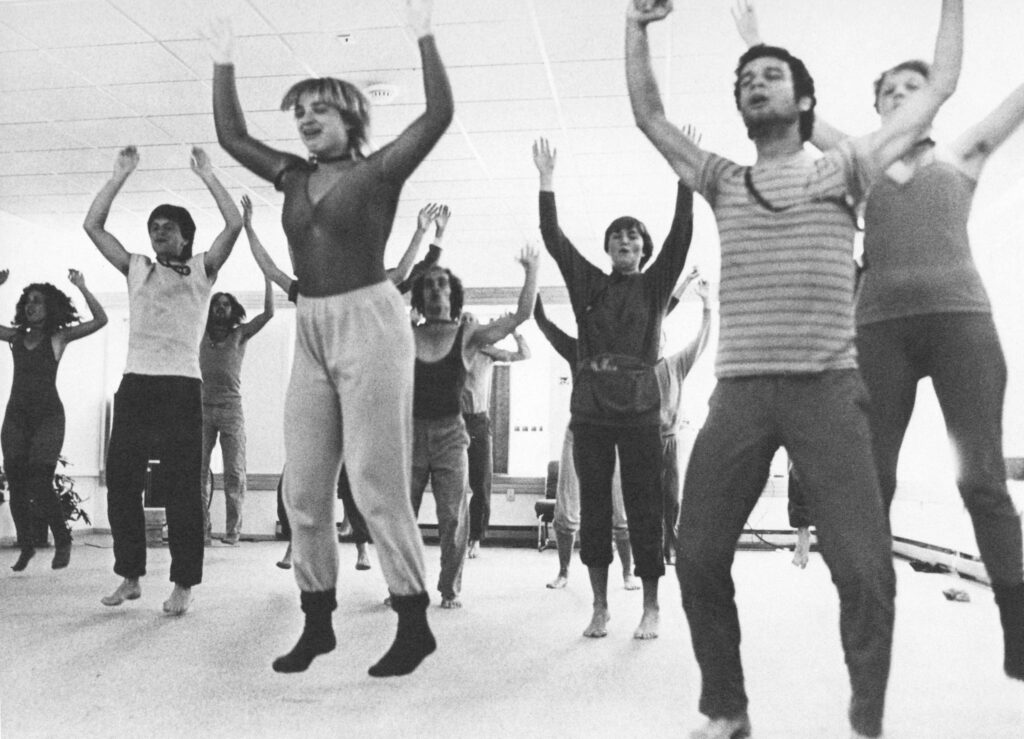 black and white photos of people practising the third phase of Osho's dynamic meditation