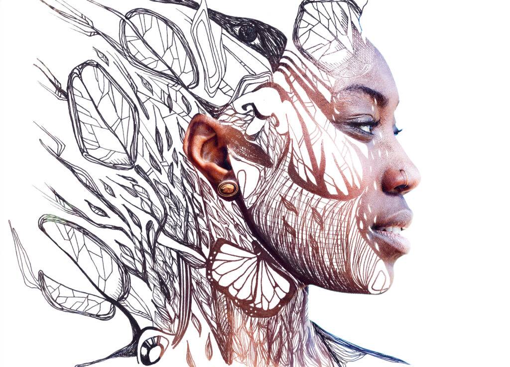 foto di ragazza afro-americana combinata con disegno - strumento musicale