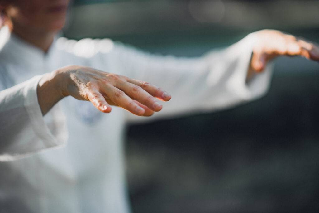 Woman practicing Tai Chi Quan movements in the park