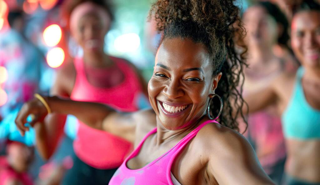 Primo piano di una donna di colore a una classe di danza femminile, gruppo di donne impegnate in esercizi di danza e coreografie