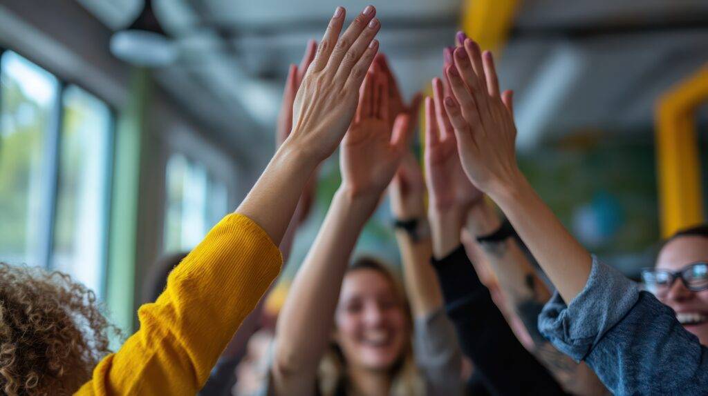 Riconosci l'energia degli altri 3 I membri del team si danno il cinque dopo aver completato con successo ed energia un compito di squadra, celebrando il lavoro di squadra e lo sforzo collettivo.